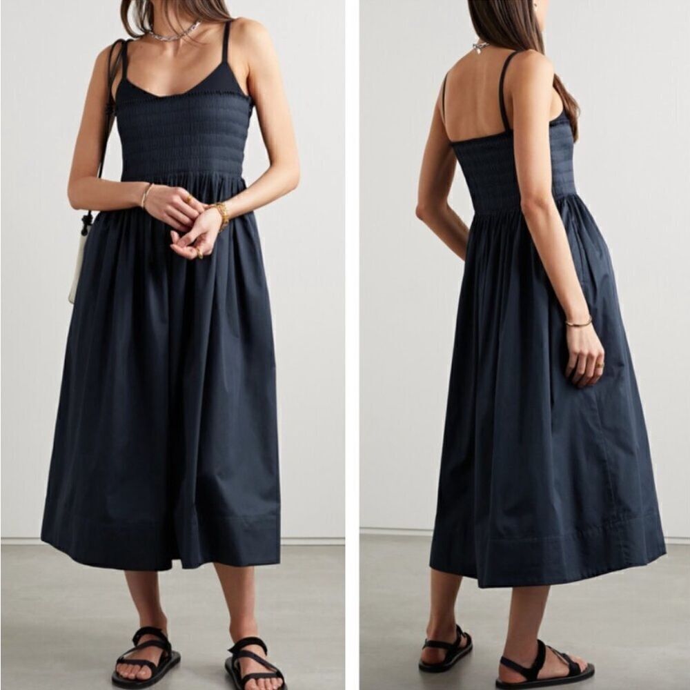 La Ligne Pintucked Cotton Poplin Smocked Bodice Midi Dress Xl Nwt $450